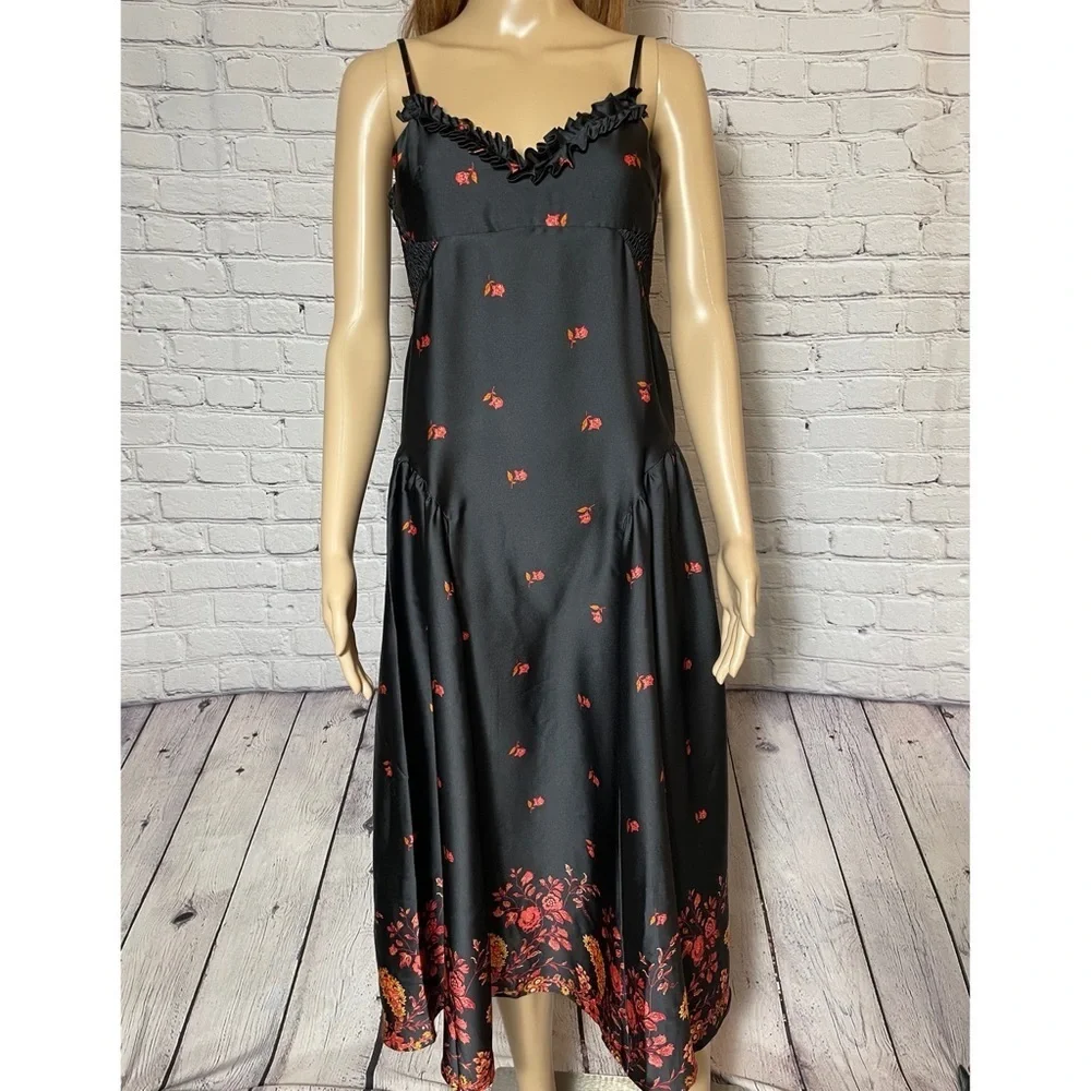 New Free People On My Own Floral Satin Black Dress Size XS
